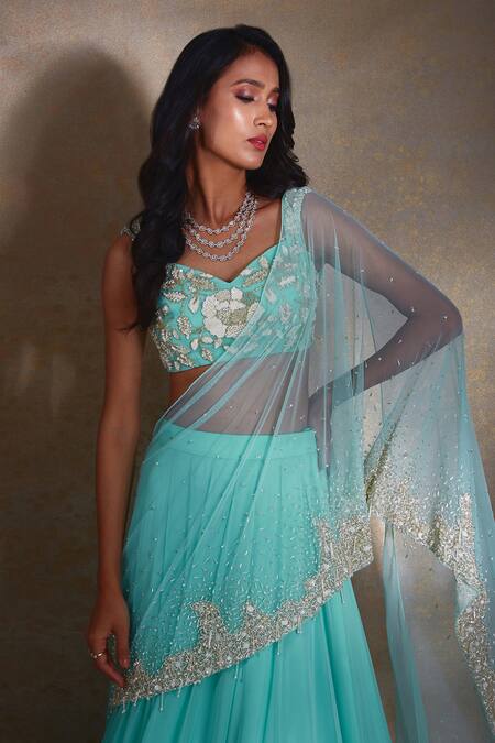 Buy_Shloka Khialani_Blue Georgette, Net Beads, Ania Embellished Draped Lehenga Saree With Blouse_Online_at_Aza_Fashions