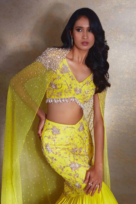 Shloka Khialani_Yellow Net, Georgette Pearls, Ariel Sheer Cape Embroidered Mermaid Skirt Set_Online_at_Aza_Fashions