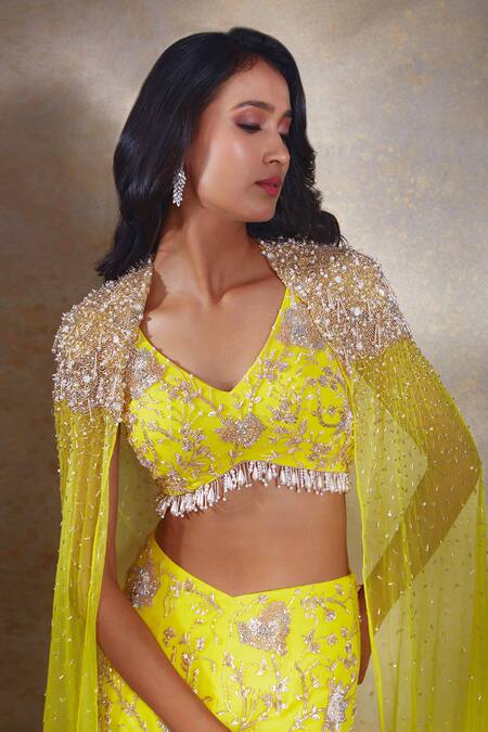 Buy_Shloka Khialani_Yellow Net, Georgette Pearls, Ariel Sheer Cape Embroidered Mermaid Skirt Set_Online_at_Aza_Fashions