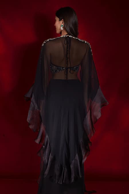 Shloka Khialani Chiara Asymmetric Cape Floral Embroidered Blouse Set 