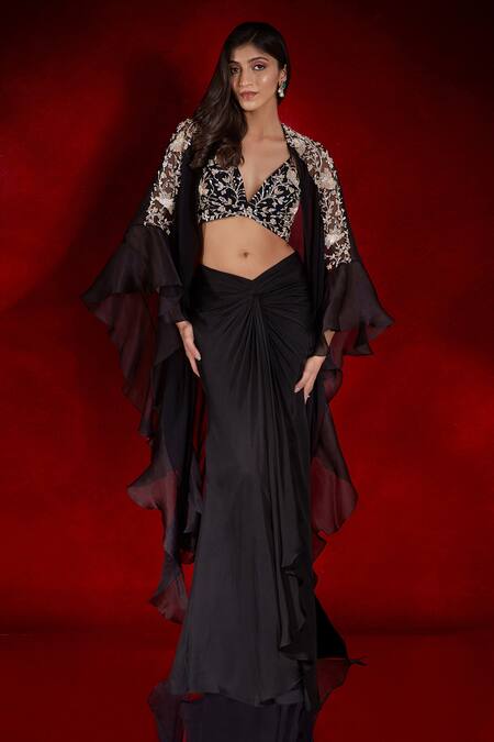 Buy Shloka Khialani Black Satin, Georgette Chiara Asymmetric Cape Floral Embroidered Blouse Set Online at Aza Fashions Buy_Shloka Khialani_Black Satin, Georgette Chiara Asymmetric Cape Floral Embroidered Blouse Set _Online_at_Aza_Fashions