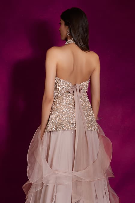 Shloka Khialani Chloe Glass Bead Embellished Peplum Blouse Lehenga Set 