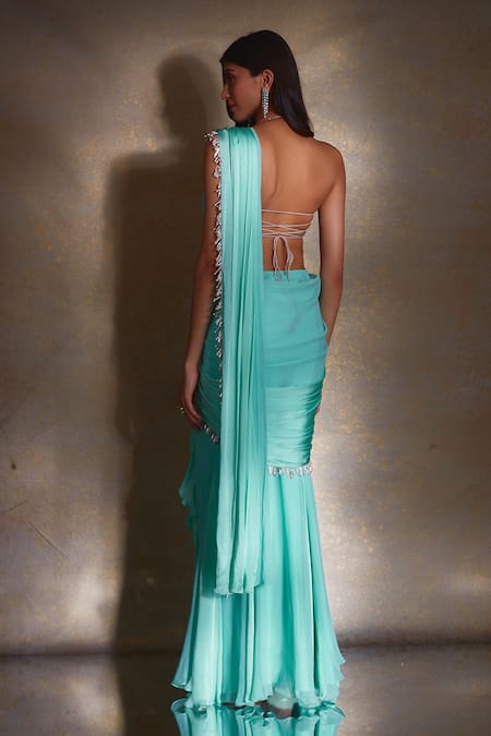 Shloka Khialani Elise Pearl Tassel Edge Pre-Draped Saree With Embellished Blouse 