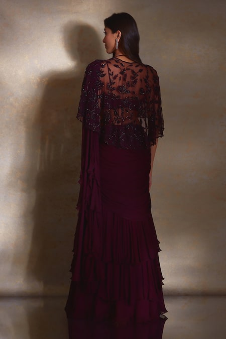 Shloka Khialani Era Crystal Embroidered Cape Pre-Stitched Ruffle Saree Set 