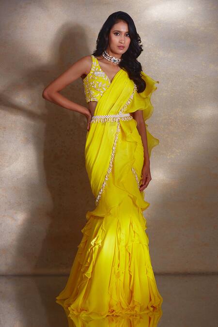 Shloka Khialani_Yellow Organza, Net, Georgette Luna Tassel Edge Pre-draped Ruffle Saree Set_Online_at_Aza_Fashions