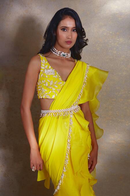 Buy_Shloka Khialani_Yellow Organza, Net, Georgette Luna Tassel Edge Pre-draped Ruffle Saree Set_Online_at_Aza_Fashions
