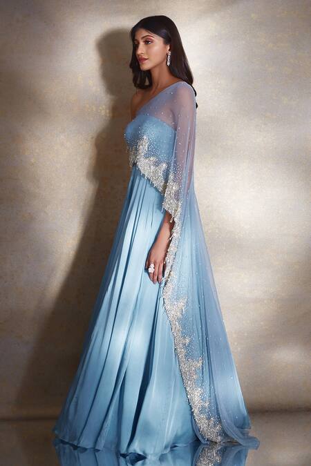 Shloka Khialani_Blue Net, Satin, Georgette Pearls, Sequins, Beads Marie Embellished Drape Gown _Online_at_Aza_Fashions