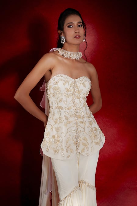 Buy_Shloka Khialani_Ivory Organza, Net, Georgette Paula Floral Embroidered Tube Kurta Sharara Set_Online_at_Aza_Fashions