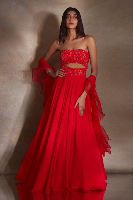 Shloka Khialani Red Georgette Rena Placed Floral Embroidered Gown With Ruffle Dupatta 