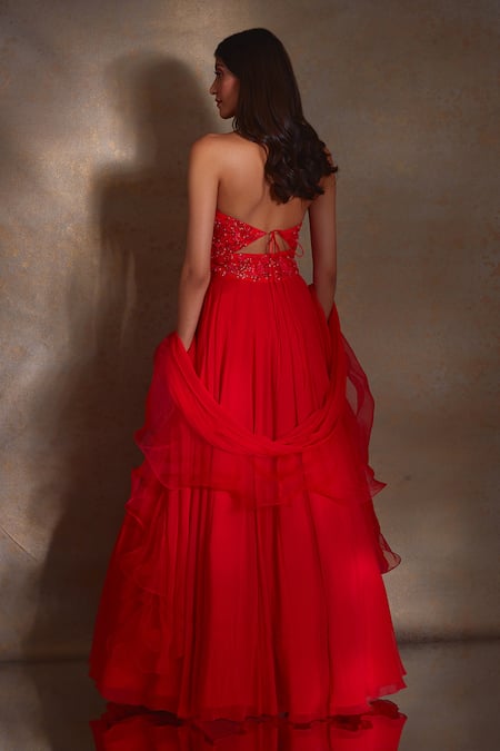 Shloka Khialani Rena Placed Floral Embroidered Gown With Ruffle Dupatta 