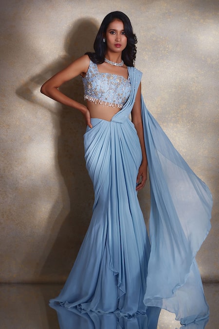 Shloka Khialani_Blue Net, Georgette Sequins, Beads Rome Pre-draped Saree With Embroidered Blouse _Online_at_Aza_Fashions