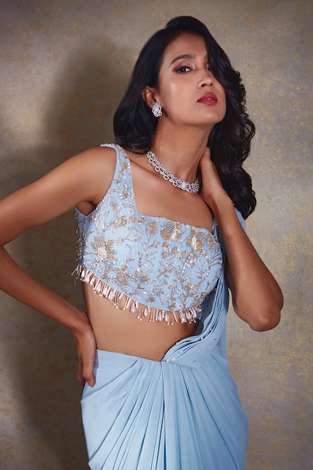 Buy_Shloka Khialani_Blue Net, Georgette Sequins, Beads Rome Pre-draped Saree With Embroidered Blouse _Online_at_Aza_Fashions