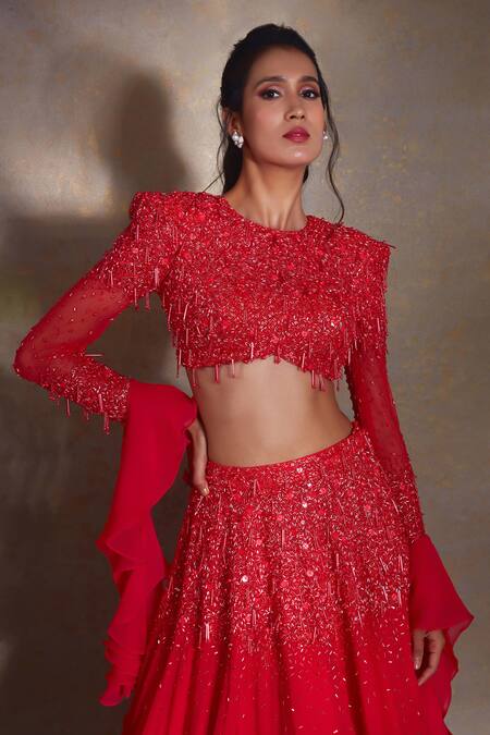 Shloka Khialani_Red Organza, Net, Georgette Beads, Seine Placed Cluster Embroidered Lehenga Set_Online_at_Aza_Fashions