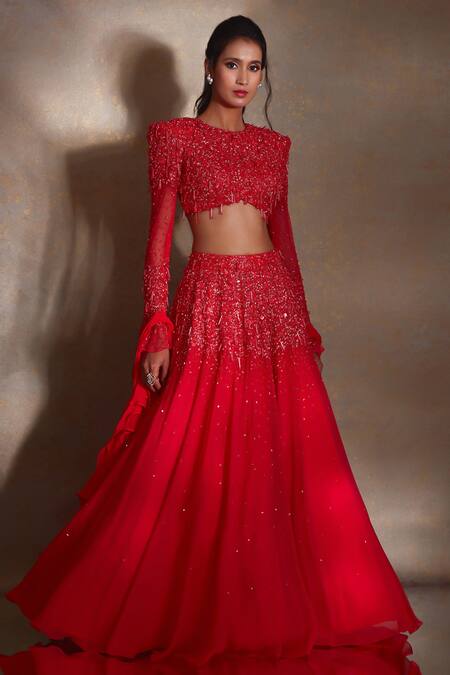 Buy_Shloka Khialani_Red Organza, Net, Georgette Beads, Seine Placed Cluster Embroidered Lehenga Set_Online_at_Aza_Fashions