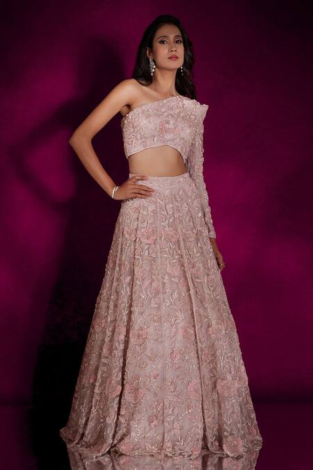 Shloka Khialani_Pink Organza, Satin Sequins, Beads Venus Camellia Embroidered Bridal Lehenga Set_Online_at_Aza_Fashions