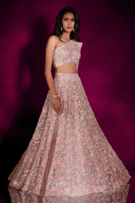 Shop_Shloka Khialani_Pink Organza, Satin Sequins, Beads Venus Camellia Embroidered Bridal Lehenga Set_Online_at_Aza_Fashions