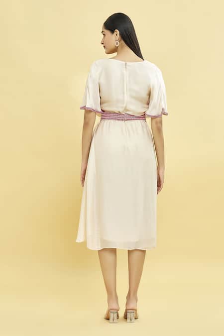 Shop_Naintara Bajaj_Off White Satin Crystals Cowl Neck Draped Plain Kaftan With Belt _at_Aza_Fashions