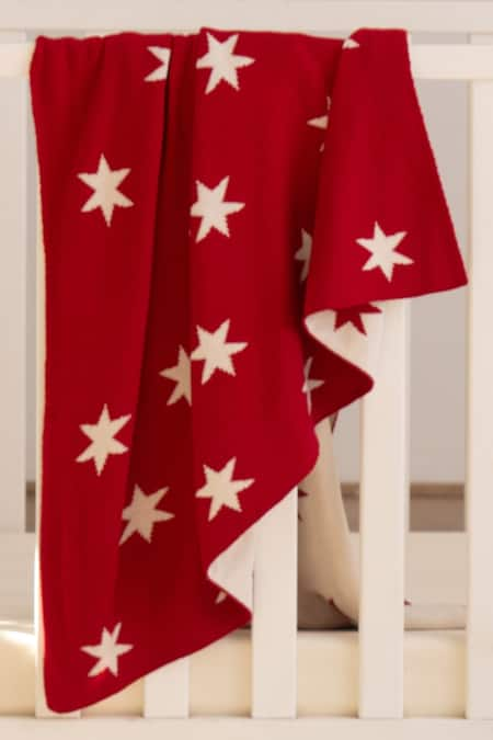 Houmn Red 100% Soft Cotton Knitted Star Pattern Cuddlycubs Baby Blanket And Toy Set 