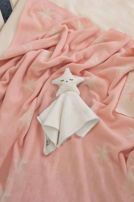 Houmn_Pink 100% Soft Cotton Knitted Star Pattern Teddy Hug Baby Blanket And Toy Set_at_Aza_Fashions
