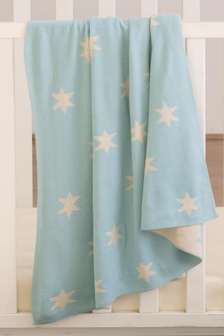 Houmn Blue 100% Soft Cotton Knitted Star Pattern Puffy Baby Blanket And Toy Set