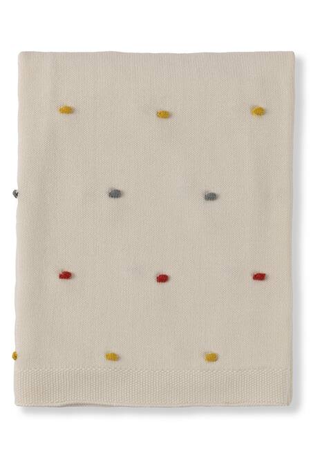 Houmn_Ivory 100% Soft Cotton Knitted And Polka Dot Huggable Baby Blanket & Toy Set_at_Aza_Fashions