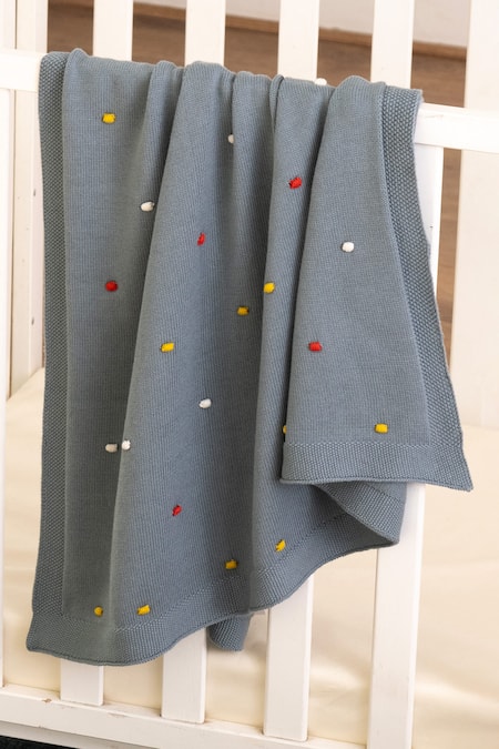 Houmn_Grey 100% Soft Cotton Knitted And Polka Toybox Treasures Baby Blanket & Toy Set_Online_at_Aza_Fashions