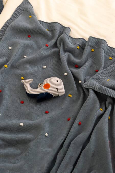 Buy_Houmn_Grey 100% Soft Cotton Knitted And Polka Toybox Treasures Baby Blanket & Toy Set_Online_at_Aza_Fashions