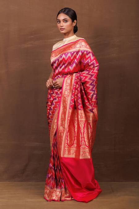 Vishwa By Pinki Sinha_Pink Silk Embroidery Chevron Vine Handwoven Banarasi Saree_Online_at_Aza_Fashions