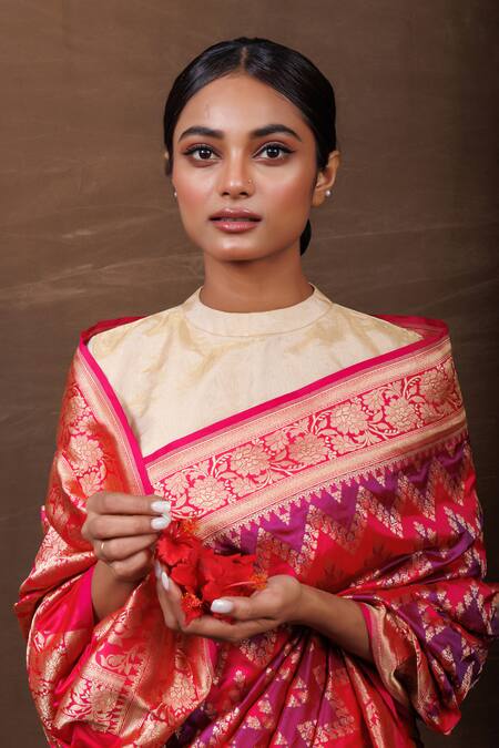 Buy_Vishwa By Pinki Sinha_Pink Silk Embroidery Chevron Vine Handwoven Banarasi Saree_Online_at_Aza_Fashions