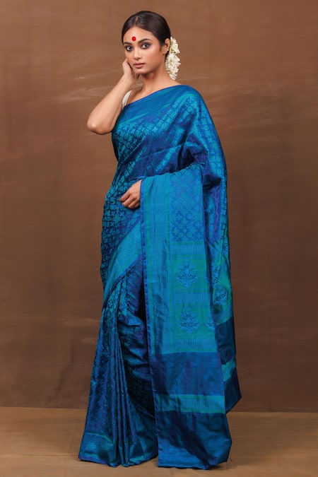 Vishwa By Pinki Sinha_Blue Silk Mosaic Quad Handwoven Banarasi Saree_Online_at_Aza_Fashions