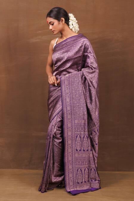 Vishwa By Pinki Sinha_Purple Silk Mughal Bahar Handwoven Pure Banarasi Saree_Online_at_Aza_Fashions