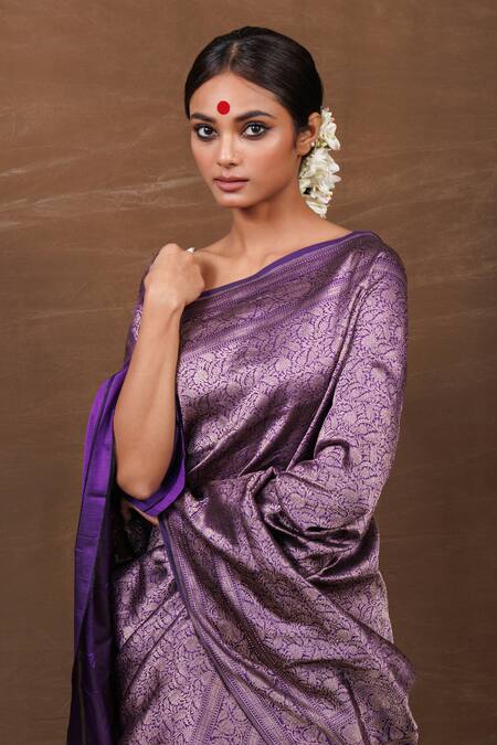 Buy_Vishwa By Pinki Sinha_Purple Silk Mughal Bahar Handwoven Pure Banarasi Saree_Online_at_Aza_Fashions