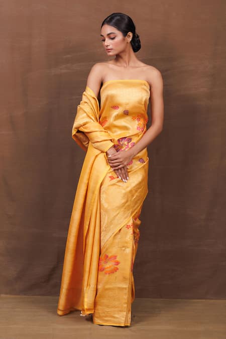Pinki Sinha Yellow Pure Silk Handwoven Fleur Banarasi Saree