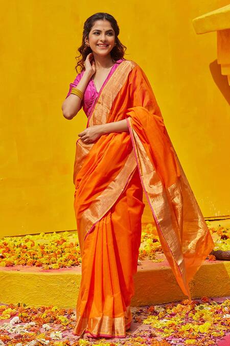 Weaver Story Orange Cotton And Chanderi Placement Zari Border Handloom Saree For Women