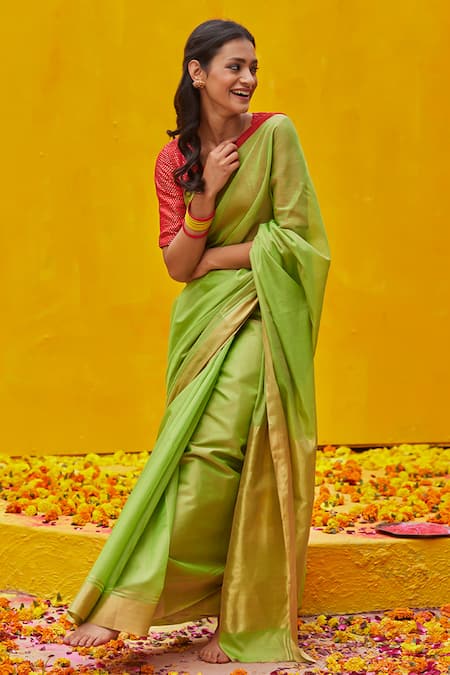 Weaver Story Green Handloom Pure Tissue Silk Chanderi Placement Zari Border Saree 
