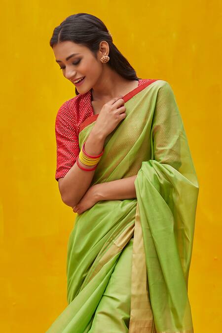 Weaver Story_Green Handloom Cotton, Chanderi Zari Border Saree_Online_at_Aza_Fashions