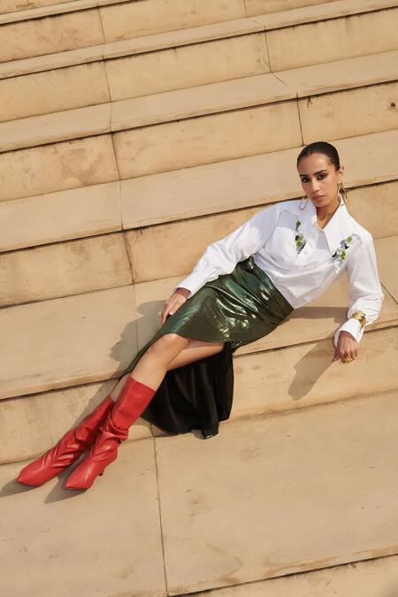 Cin Cin White Poplin, Lycra Sequins Collared Embroidered Shirt With Metallic Wrap Skirt Online at Aza Fashions Cin Cin_White Poplin, Lycra Sequins Collared Embroidered Shirt With Metallic Wrap Skirt _Online_at_Aza_Fashions