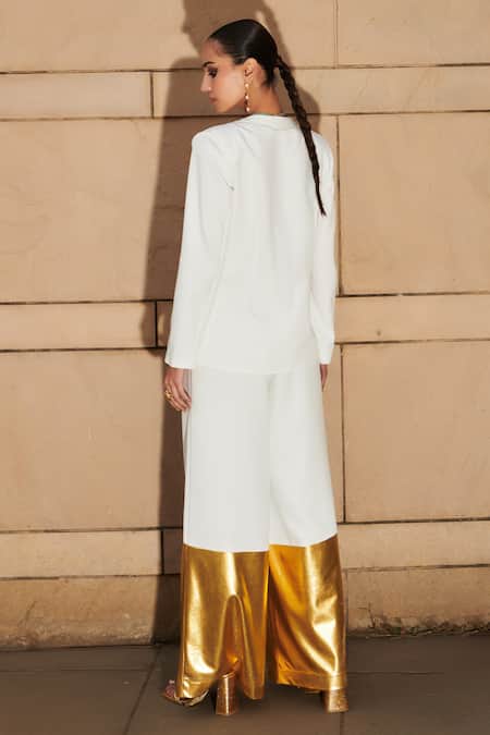 Shop Cin Cin White Brocade, Crepe Lapel Collar Blazer With Colorblocked Flared Pant at Aza Fashions Shop_Cin Cin_White Brocade, Crepe Lapel Collar Blazer With Colorblocked Flared Pant _at_Aza_Fashions