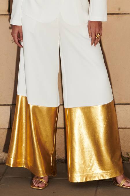 Cin Cin White Brocade, Crepe Lapel Collar Blazer With Colorblocked Flared Pant Online at Aza Fashions Cin Cin_White Brocade, Crepe Lapel Collar Blazer With Colorblocked Flared Pant _Online_at_Aza_Fashions