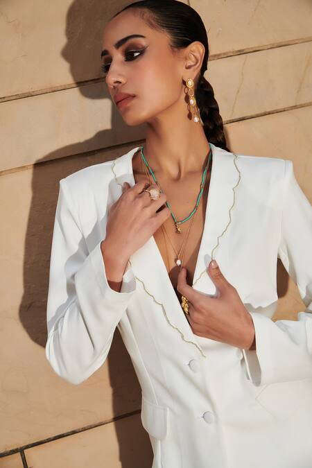 Cin Cin White Brocade, Crepe Lapel Collar Blazer With Colorblocked Flared Pant at Aza Fashions Cin Cin_White Brocade, Crepe Lapel Collar Blazer With Colorblocked Flared Pant _at_Aza_Fashions