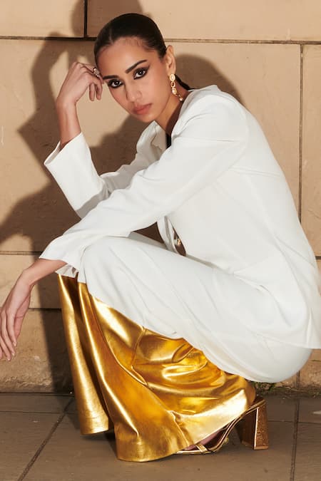 Buy Cin Cin White Brocade, Crepe Lapel Collar Blazer With Colorblocked Flared Pant Buy_Cin Cin_White Brocade, Crepe Lapel Collar Blazer With Colorblocked Flared Pant