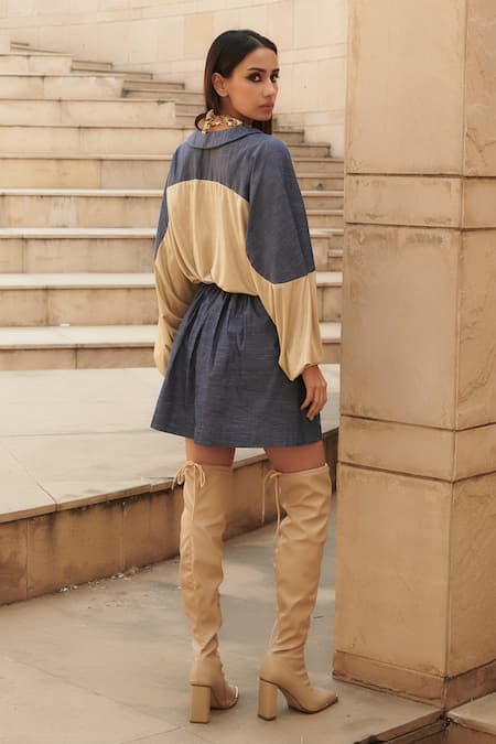 Shop_Cin Cin_Blue Cotton, Lycra Sequins, Beads Collared Color Block Embroidered Dress _at_Aza_Fashions