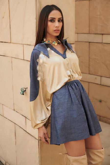 Buy_Cin Cin_Blue Cotton, Lycra Sequins, Beads Collared Color Block Embroidered Dress _Online_at_Aza_Fashions