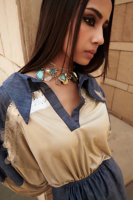 Shop_Cin Cin_Blue Cotton, Lycra Sequins, Beads Collared Color Block Embroidered Dress _Online_at_Aza_Fashions