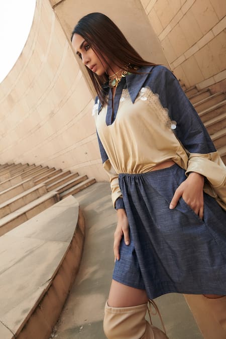 Cin Cin_Blue Cotton, Lycra Sequins, Beads Collared Color Block Embroidered Dress _at_Aza_Fashions