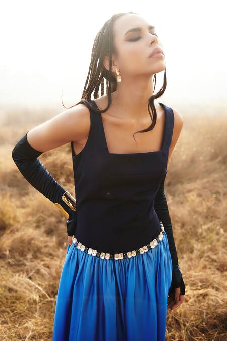 Cin Cin_Blue Denim Crystals Square Neck Ombre Waistband Embroidered Dress_Online_at_Aza_Fashions