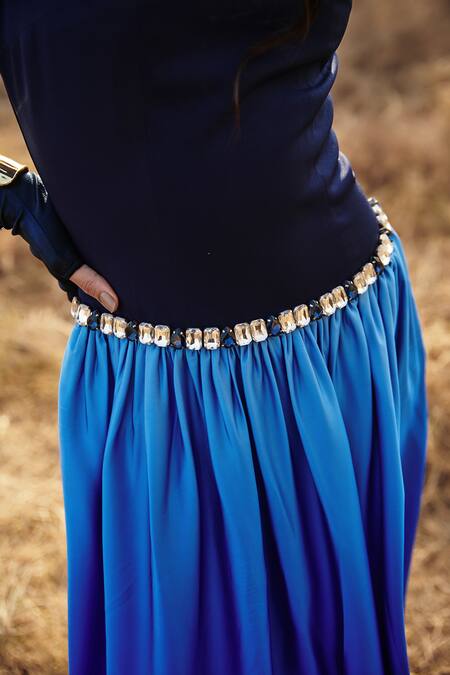 Buy_Cin Cin_Blue Denim Crystals Square Neck Ombre Waistband Embroidered Dress_Online_at_Aza_Fashions