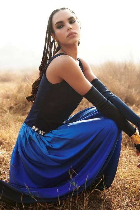 Shop_Cin Cin_Blue Denim Crystals Square Neck Ombre Waistband Embroidered Dress_Online_at_Aza_Fashions