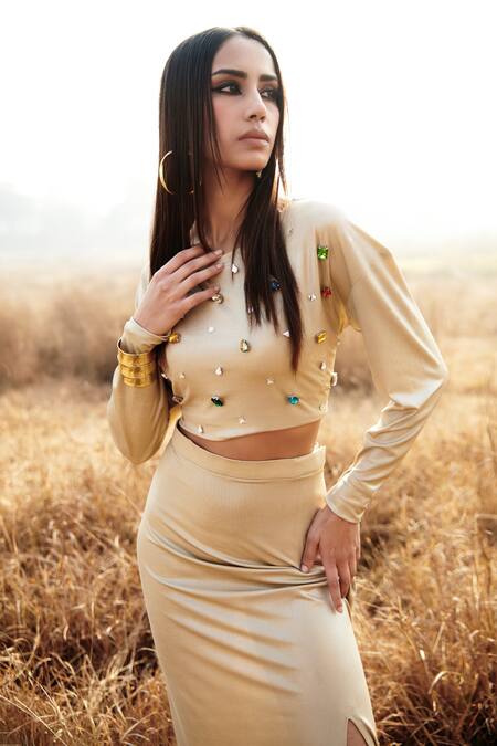 Buy Cin Cin Gold Lycra Crystals Boat Neck Embroidered Top And Skirt Set Online at Aza Fashions Buy_Cin Cin_Gold Lycra Crystals Boat Neck Embroidered Top And Skirt Set _Online_at_Aza_Fashions