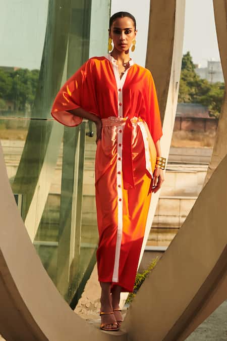 Cin Cin Orange Diva Satin Embroidered Sequin Ombre Midi Dress With Belt 
